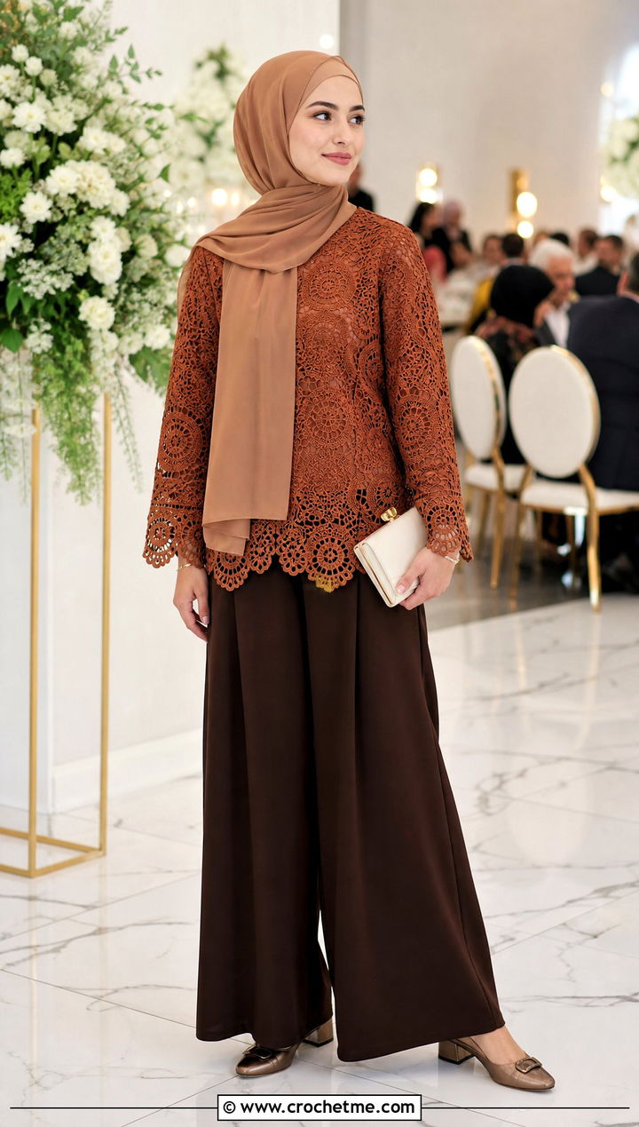 Scalloped Crochet Blouse With Palazzo Pants - 20 crochet top hijabi outfit ideas