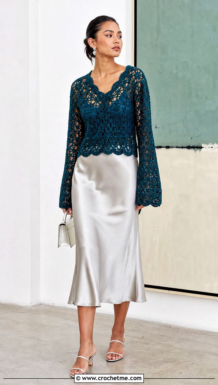 Scalloped Crochet Blouse With Satin Midi Skirt - 15 crochet top with openwork outfit ideas