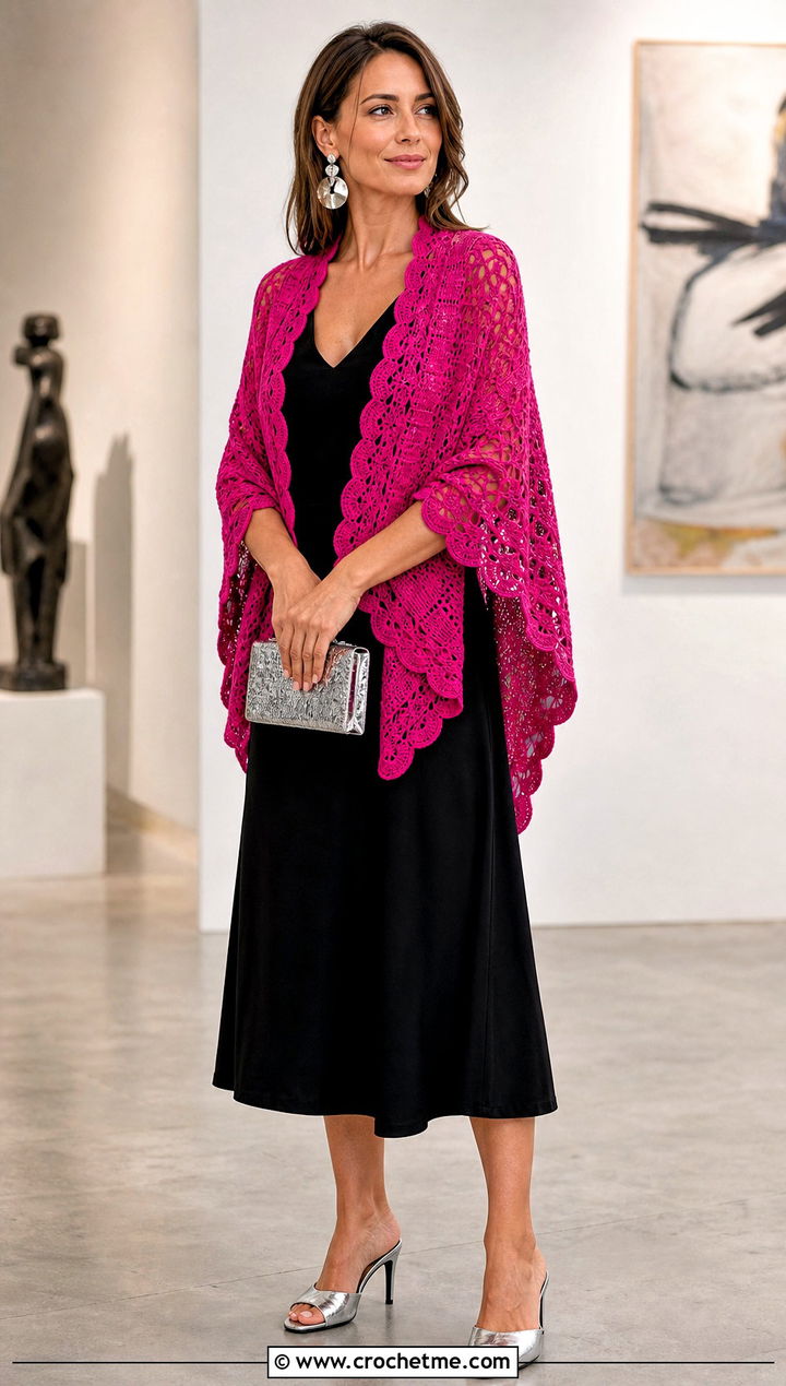 Scalloped Crochet Boho Shawl With Little Black Dress - 30 crochet boho shawl outfit ideas