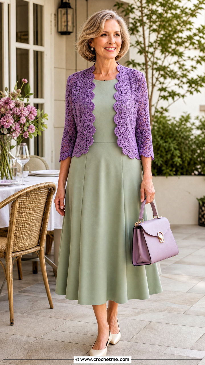 Scalloped Crochet Bolero With Fit And Flare Dress - 35 easy crochet shrug outfit ideas