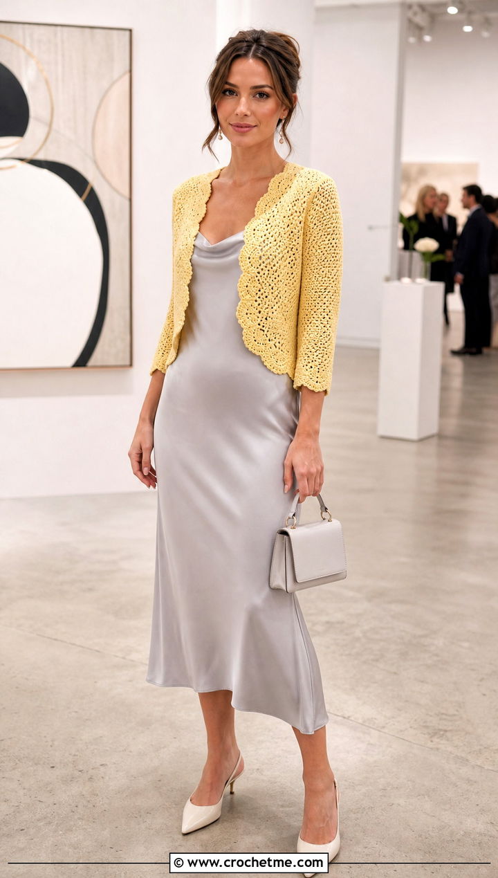 Scalloped Crochet Bolero With Satin Midi Dress - 20 Lacy Crochet Jacket outfit ideas