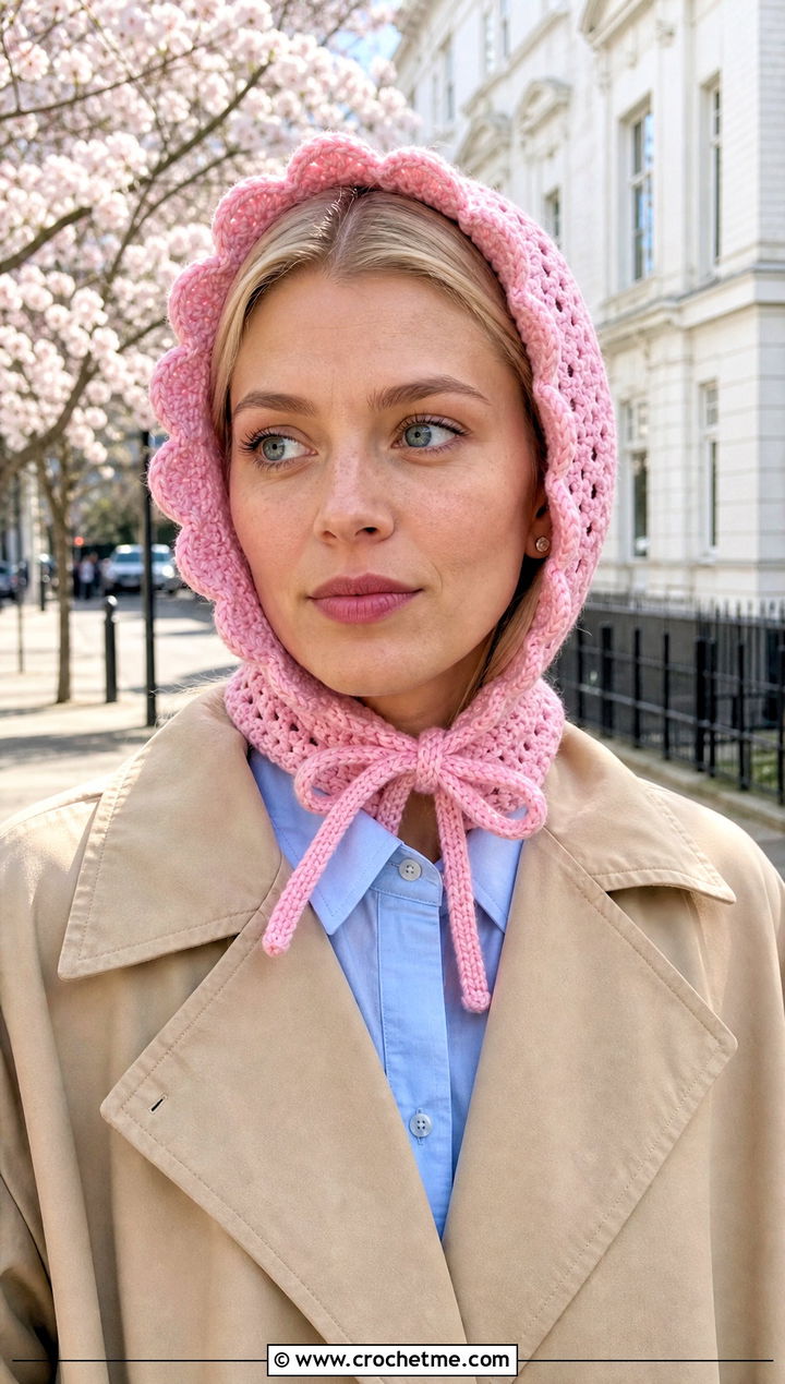 Scalloped Crochet Bonnet Balaclava With Trench Coat - 20 crochet balaclava ski mask outfit ideas