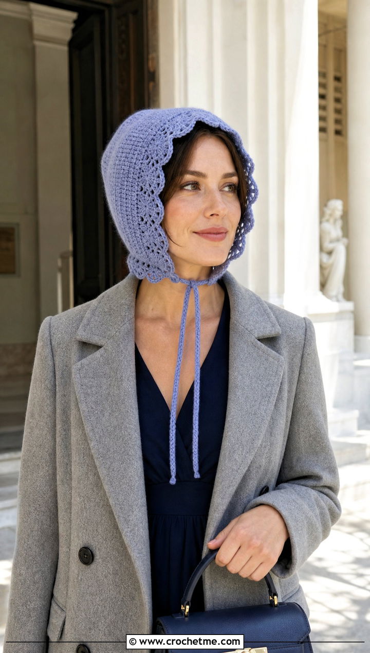 Scalloped Crochet Bonnet Hood With Midi Dress - 25 crochet hood hat outfit ideas