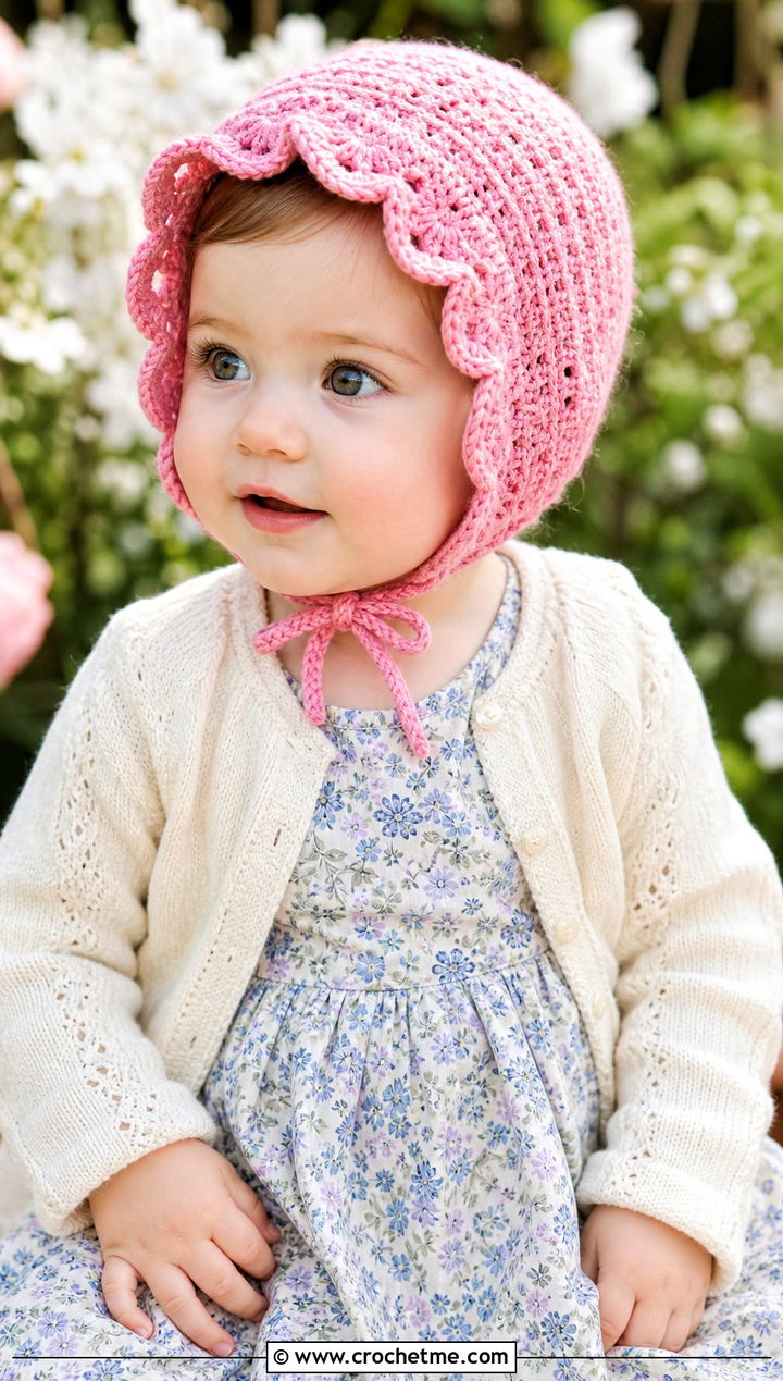 Scalloped Crochet Bonnet With Floral Dress - 15 12 month old crochet hat outfit ideas