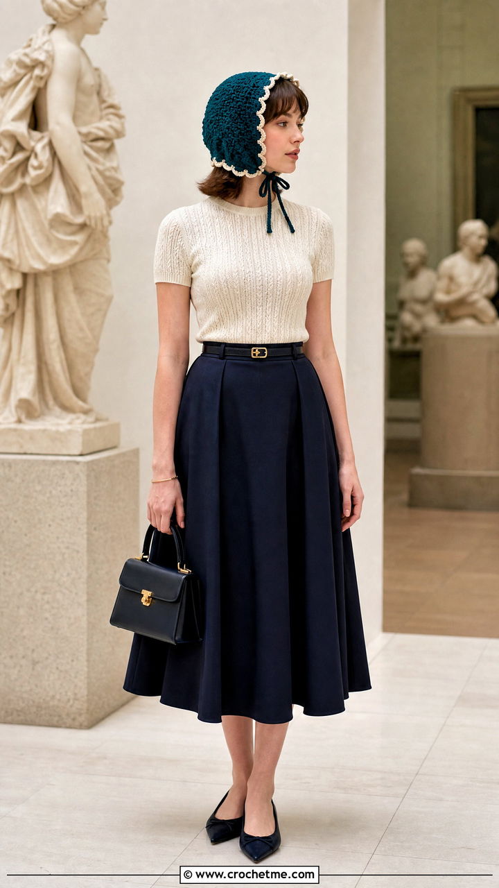 Scalloped Crochet Bonnet With Midi Skirt - 35 crochet bonnet outfit ideas