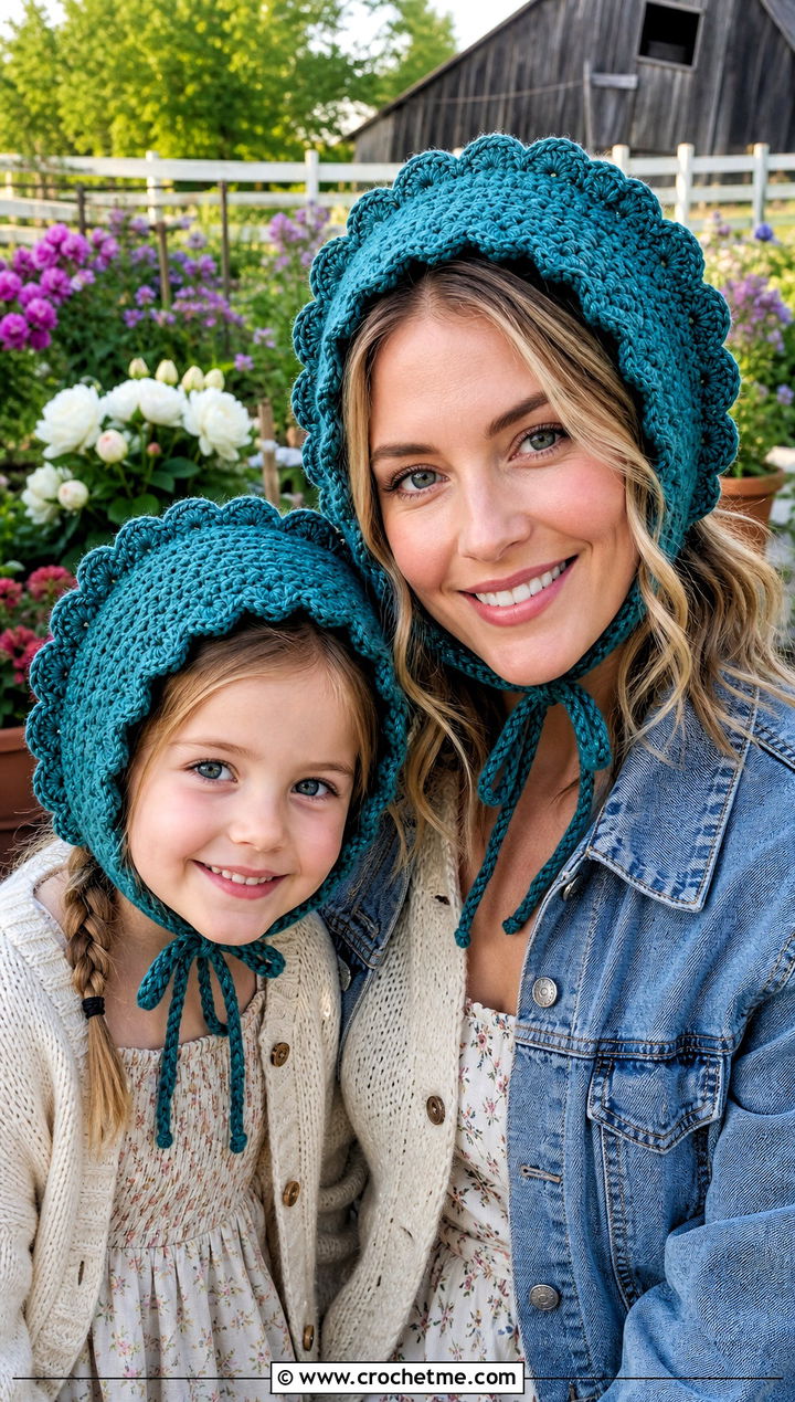 Scalloped Crochet Bonnets With Prairie Dresses - 25 crochet mommy and me hats outfit ideas