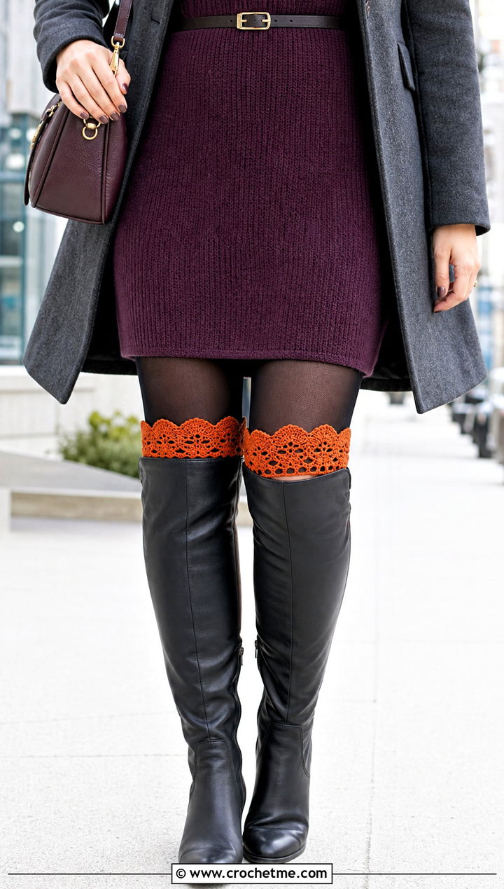 Scalloped Crochet Boot Cuffs With Sweater Dress and Knee High Boots - 30 crochet boot cuff outfit ideas