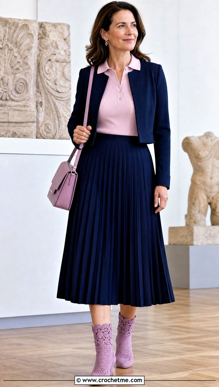 Scalloped Crochet Boots With Pleated Midi Skirt - 25 crocheted boots outfit ideas