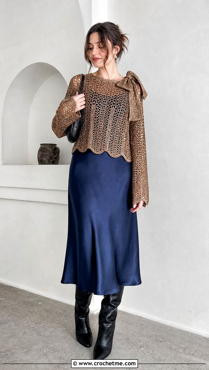 Scalloped Crochet Bow Sweater With Slip Dress - 25 crochet bow sweater outfit ideas