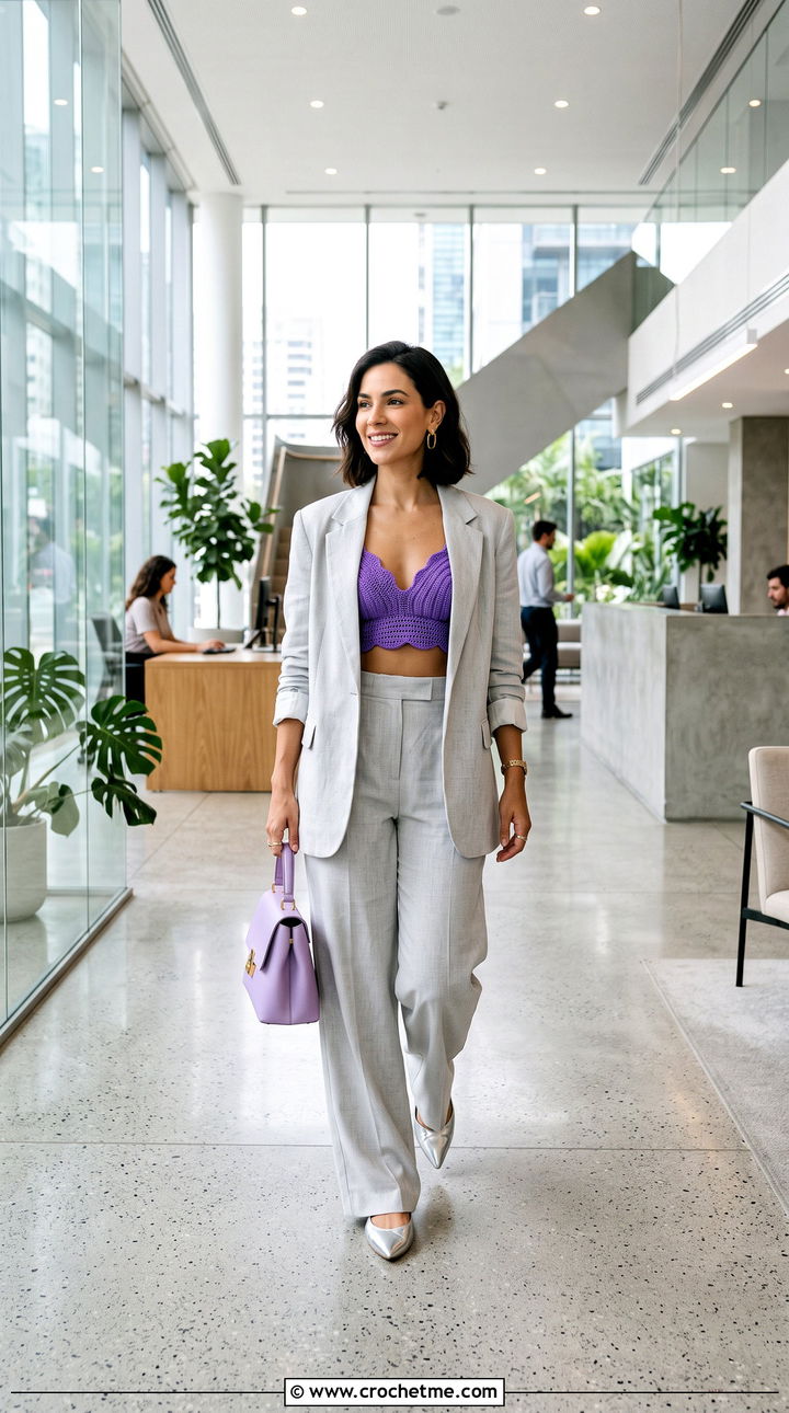 Scalloped Crochet Bra With Blazer And Trousers - 35 crochet bra outfit ideas