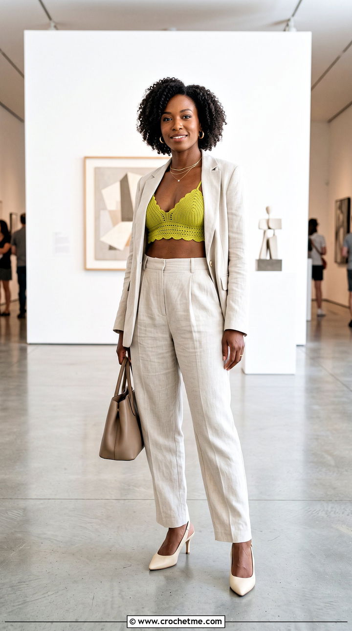 Scalloped Crochet Bralette Strappy Top With Linen Suit - 15 crochet strappy top outfit ideas