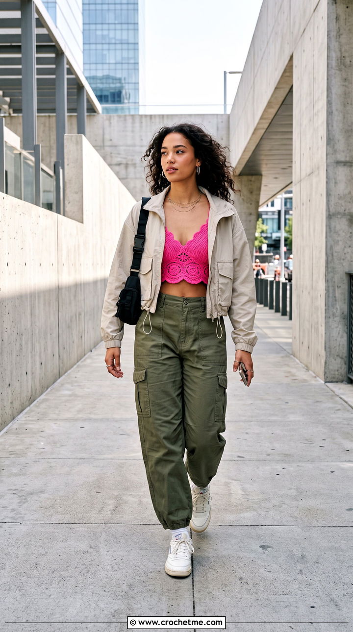 Scalloped Crochet Bralette With Cargo Pants - 35 crochet bralette outfit ideas