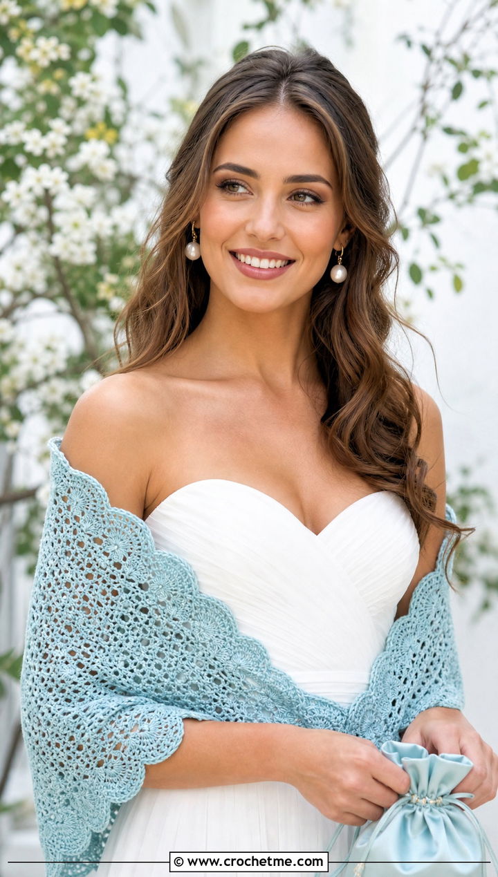 Scalloped Crochet Bridal Shawl With Sweetheart Chiffon Gown - 25 Crochet Bridal Shawl outfit ideas