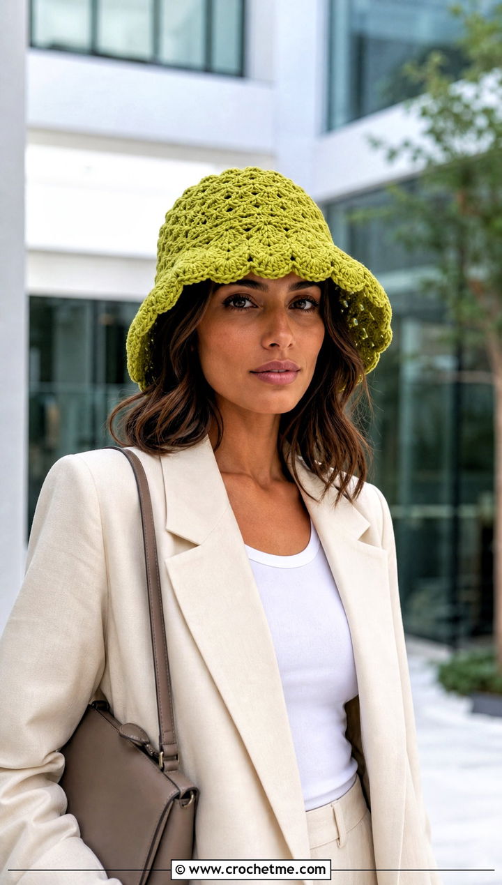 Scalloped Crochet Bucket Hat With Blazer And Tailored Shorts - 30 Quick And Easy Crochet Hat outfit ideas