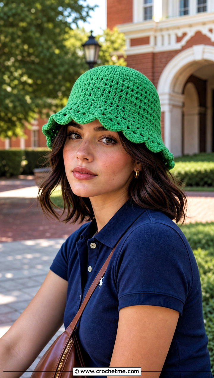 Scalloped Crochet Bucket Hat With Polo And Chinos - 30 beginner crochet hat outfit ideas
