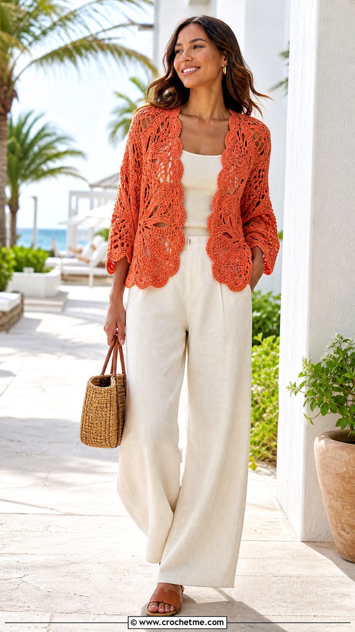 Scalloped Crochet Butterfly Cardigan With Linen Trousers - 35 crochet butterfly cardigan outfit ideas