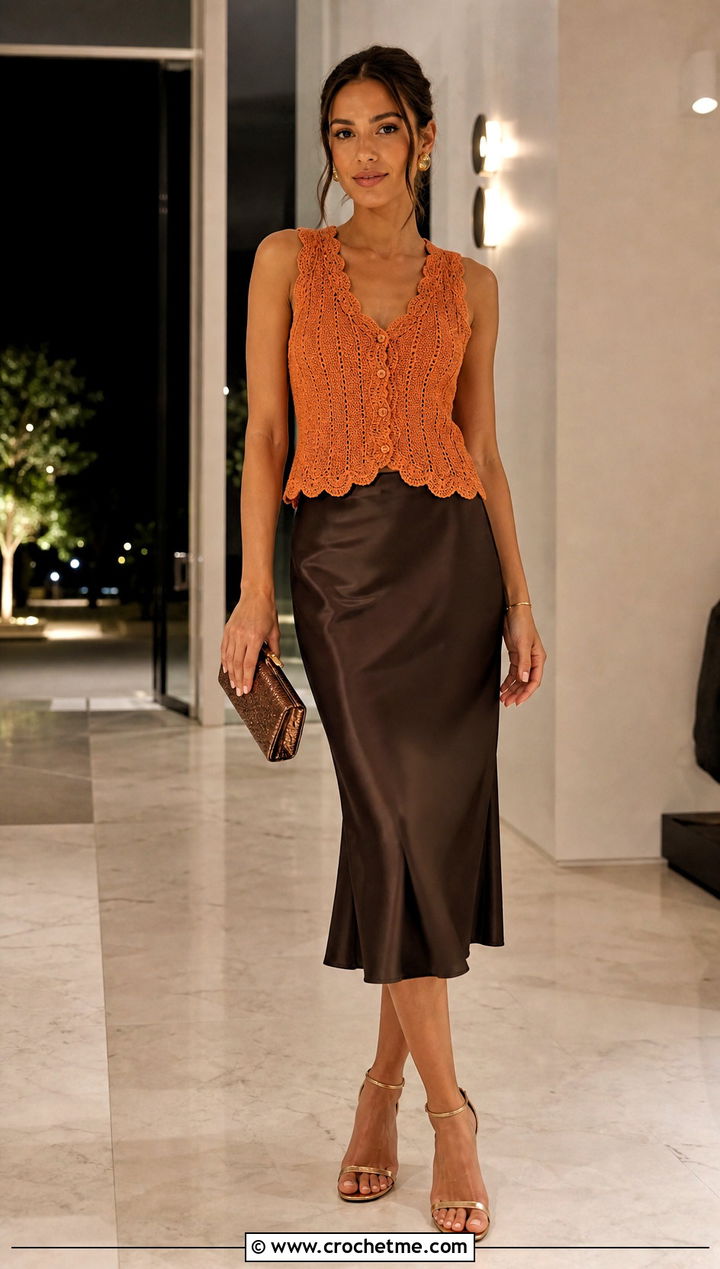 Scalloped Crochet Button Top With Satin Midi Skirt - 35 Crochet Top With Buttons outfit ideas