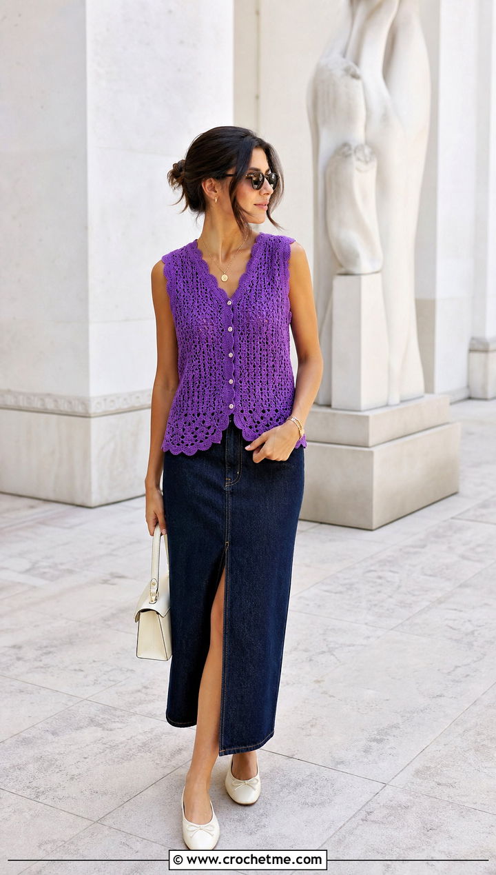 Scalloped Crochet Button Up Vest With Denim Midi Skirt - 25 Crochet Button Up Vest outfit ideas