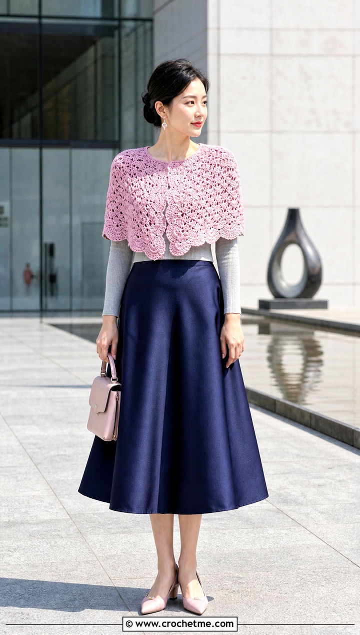 Scalloped Crochet Capelet Shawl With Midi Skirt - 30 crochet caplet shawl outfit ideas
