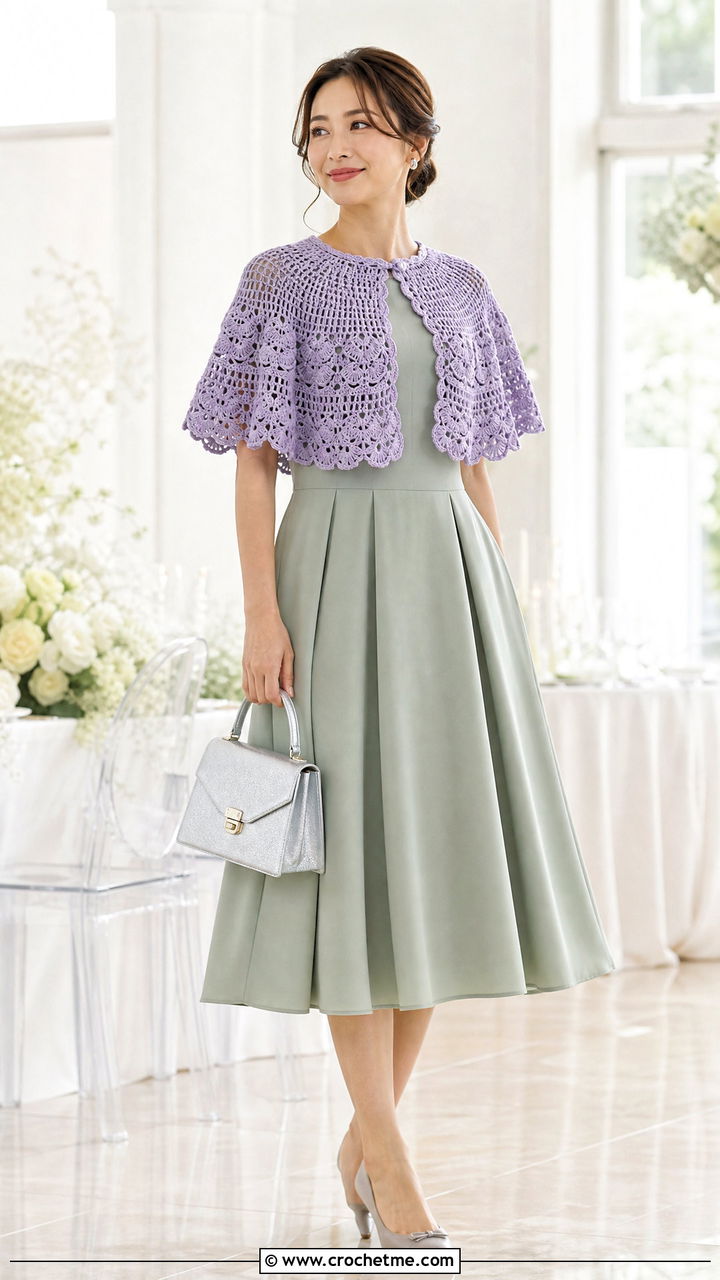 Scalloped Crochet Capelet With A Fit And Flare Dress - 35 crochet cape outfit ideas