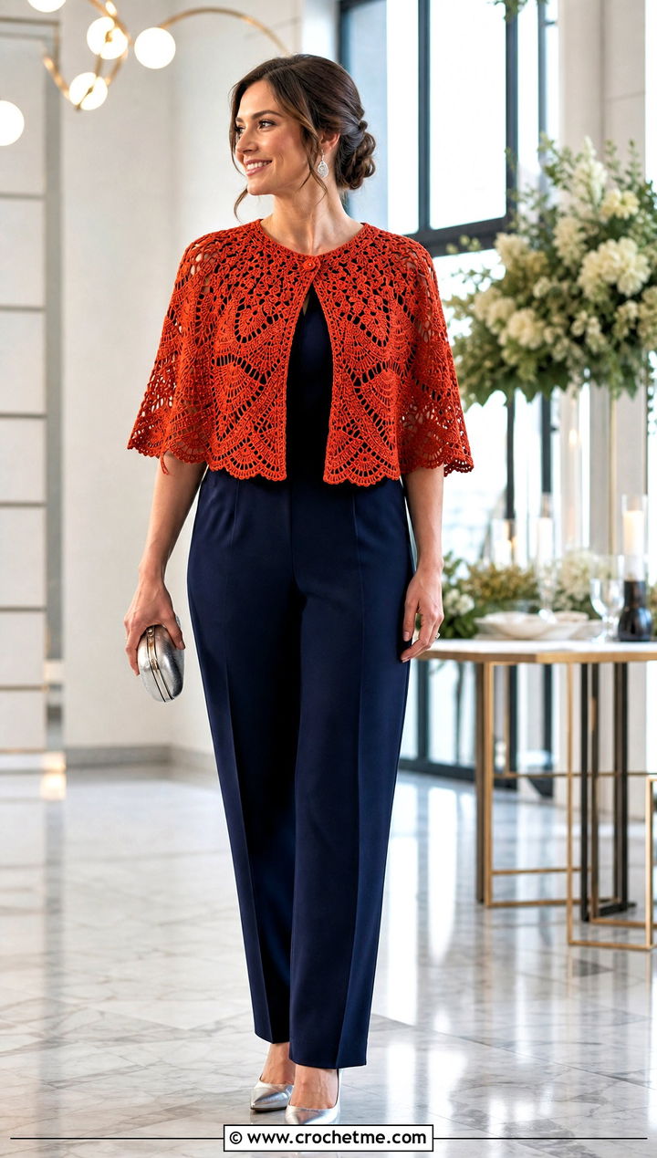 Scalloped Crochet Capelet With Jumpsuit - 15 diy crochet cape outfit ideas