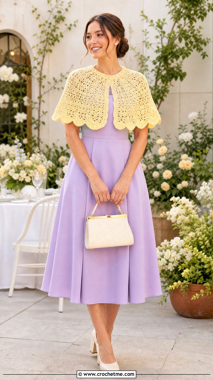 Scalloped Crochet Capelet With Midi Dress - 35 crochet capelet outfit ideas