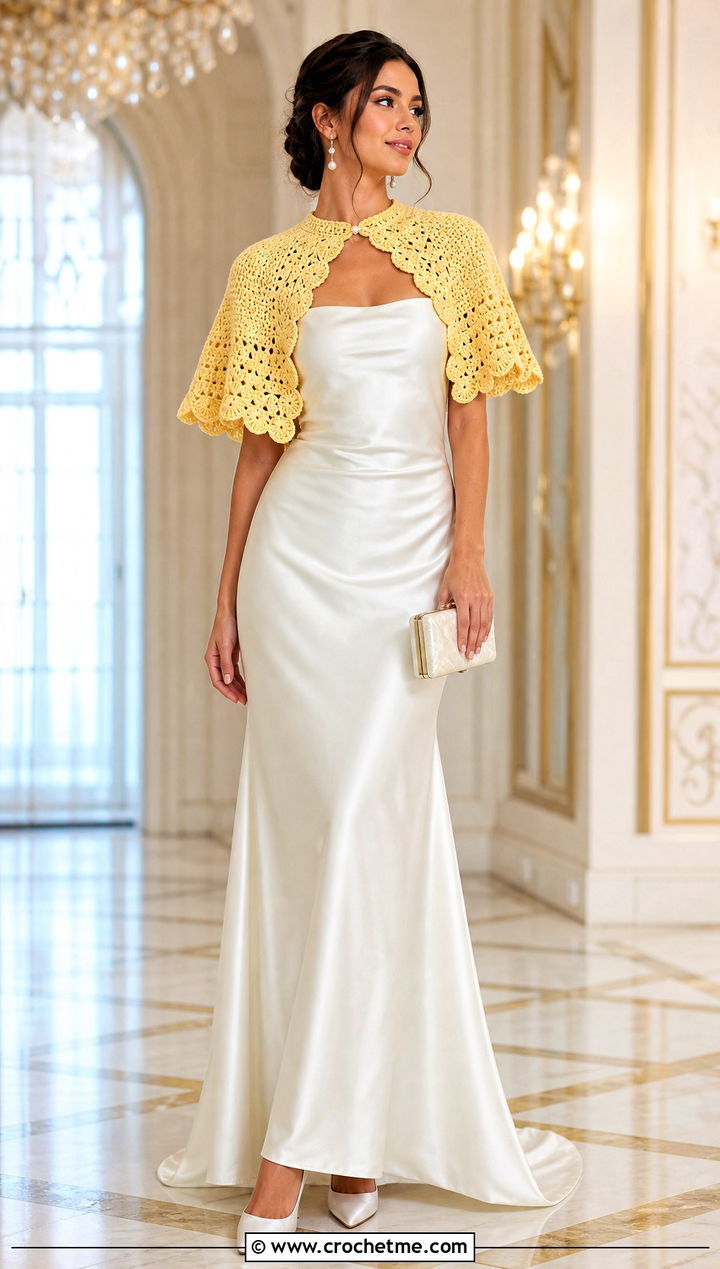 Scalloped Crochet Capelet With Strapless Satin Gown - 25 Crochet Wedding Cape outfit ideas