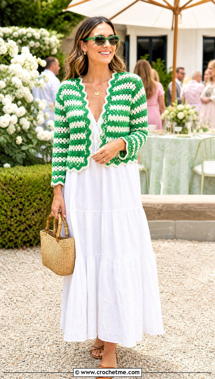 Scalloped Crochet Cardigan With A White Maxi Dress - 25 green and white crochet cardigan outfit ideas