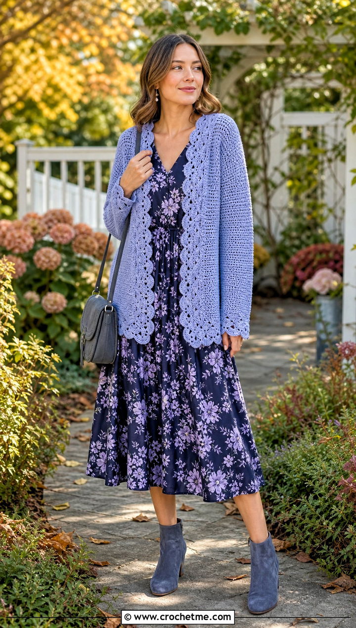 Scalloped Crochet Cardigan With Floral Midi Dress - 35 fall crochet cardigan outfit ideas