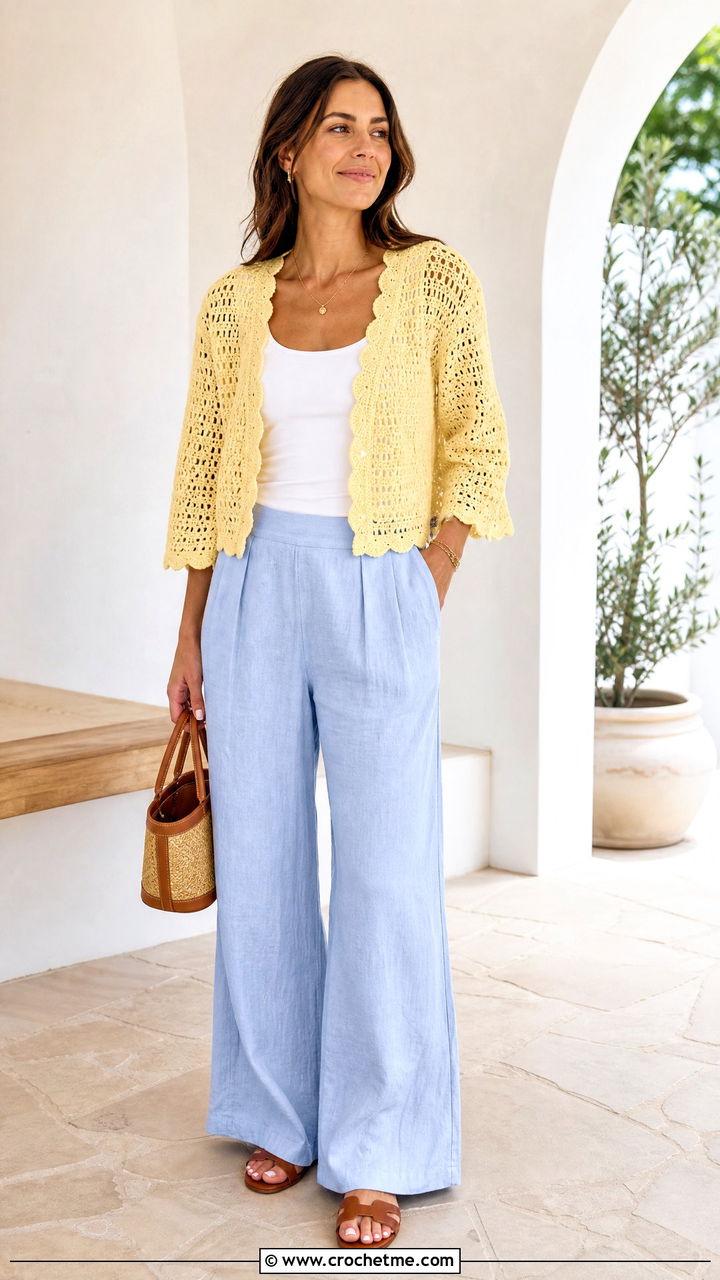 Scalloped Crochet Cardigan With Linen Pants - 35 crochet cardigan ideas