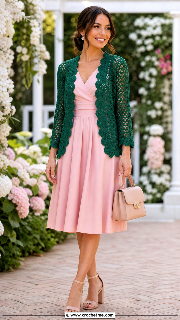 Scalloped Crochet Cardigan With Tea Dress - 35 crochet cardigans for women outfit ideas