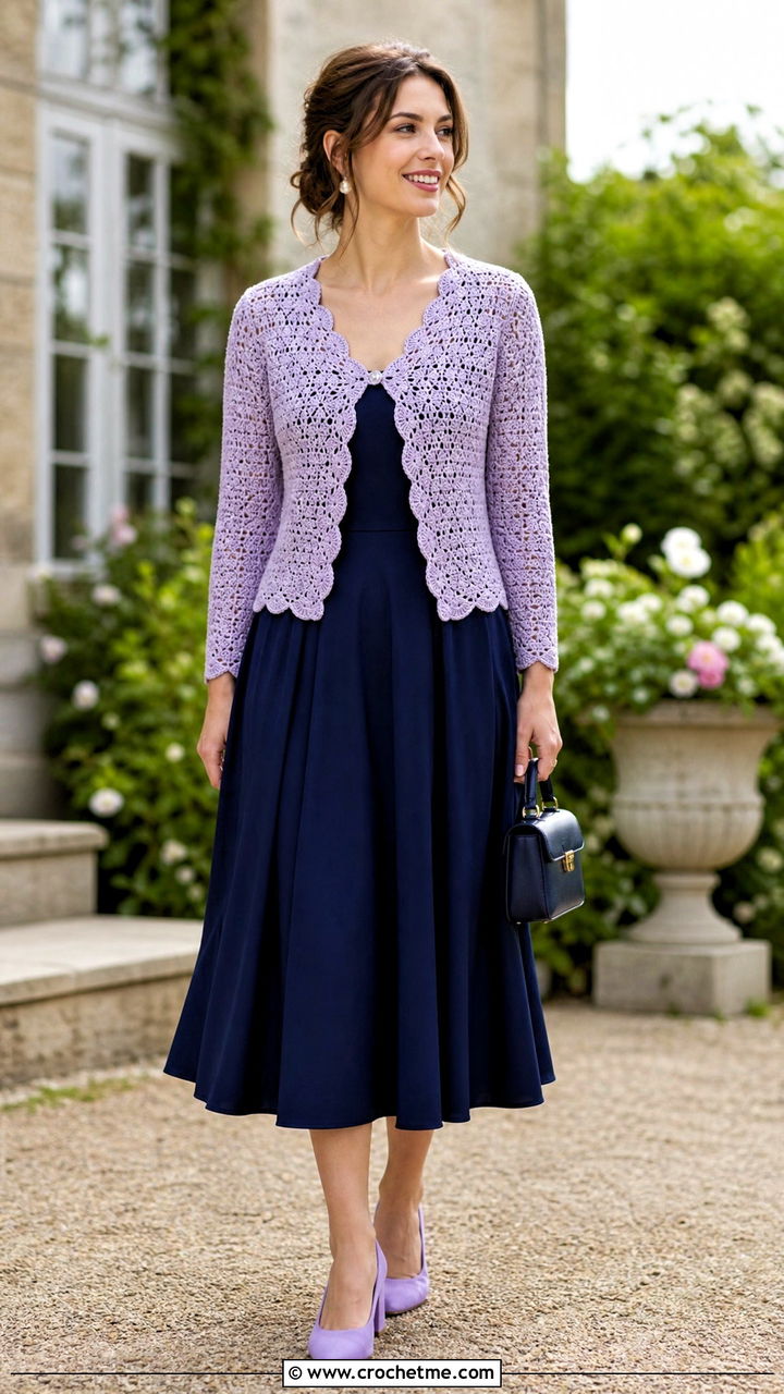 Scalloped Crochet Cardigan With Tea Dress - 35 crocheted cardigan outfit ideas
