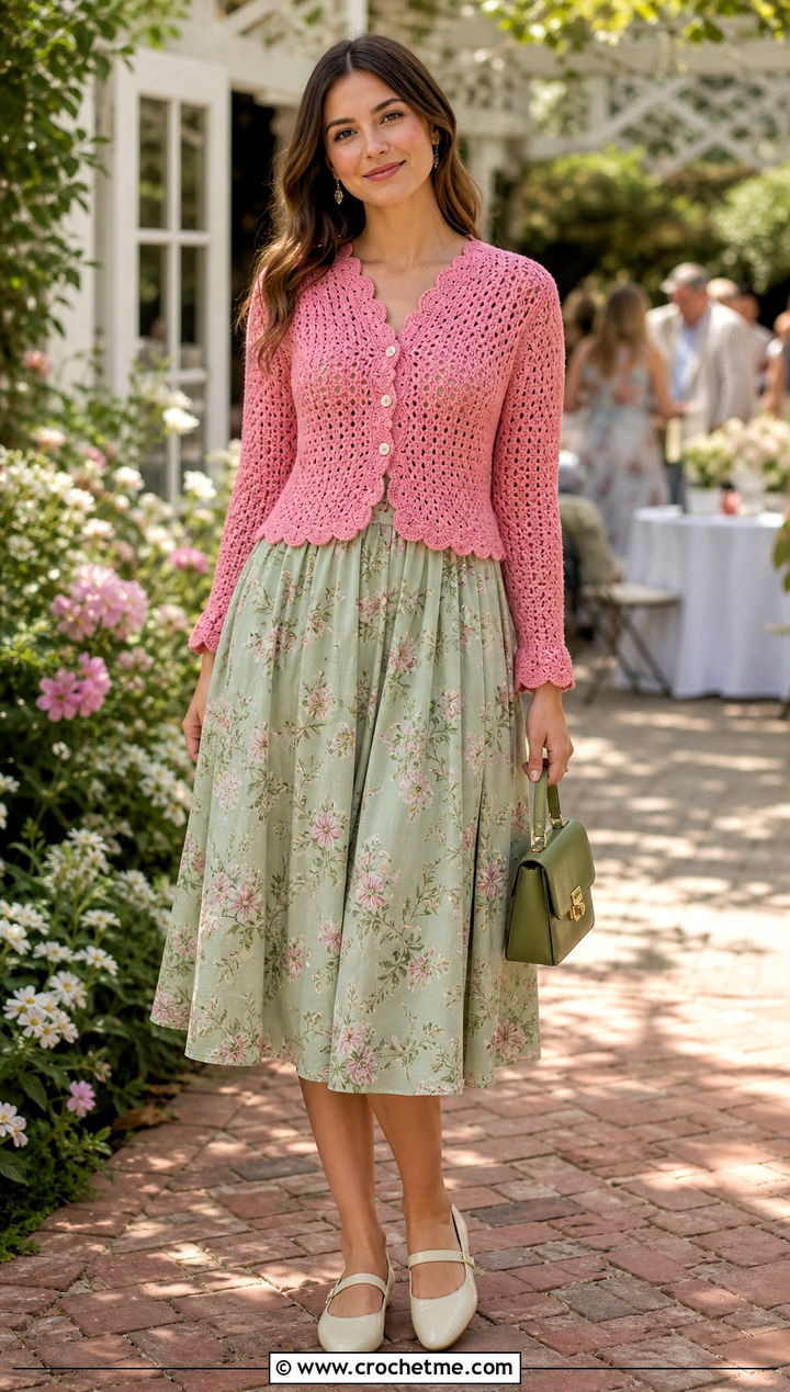 Scalloped Crochet Cardigan With Tea Dress - 30 diy crochet cardigan outfit ideas