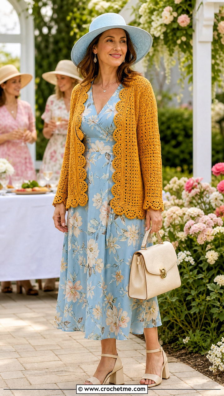 Scalloped Crochet Cardigan With Wide Brim Hat and Floral Midi Dress - 15 Crochet Cardigan With Hat outfit ideas