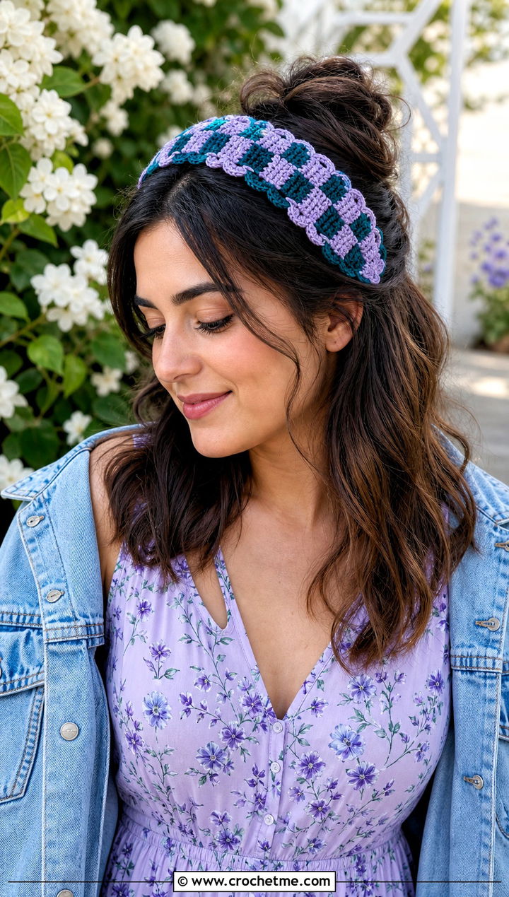 Scalloped Crochet Checkered Headband With Floral Midi Dress - 25 crochet checkered headband outfit ideas