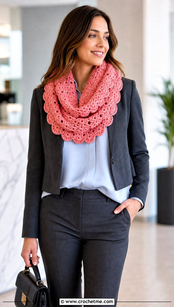 Scalloped Crochet Chunky Cowl With Blouse And Trousers - 30 crochet chunky cowl outfit ideas