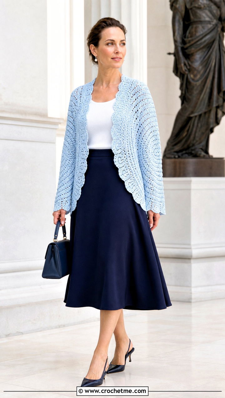 Scalloped Crochet Circle Sweater With Midi Skirt - 25 crochet circle sweater outfit ideas