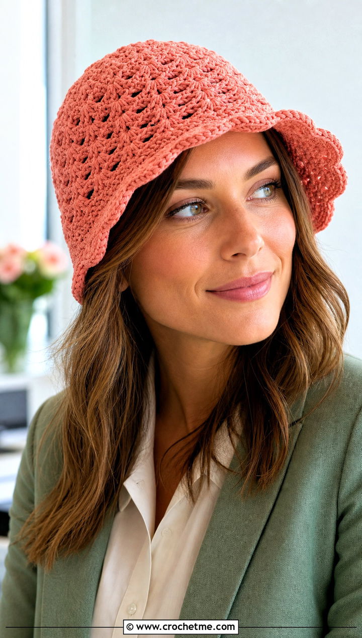 Scalloped Crochet Cloche With Blouse And Trousers - 25 crochet hat for beginners outfit ideas