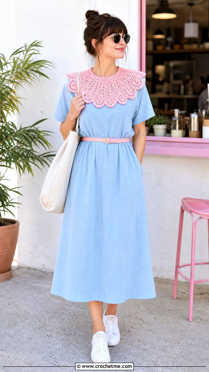 Scalloped Crochet Clown Collar With T Shirt Dress - 35 crochet clown collar outfit ideas