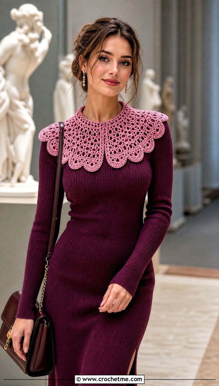 Scalloped Crochet Collar Scarf With Knit Dress And Boots - 15 Small Neck Crochet Scarf outfit ideas