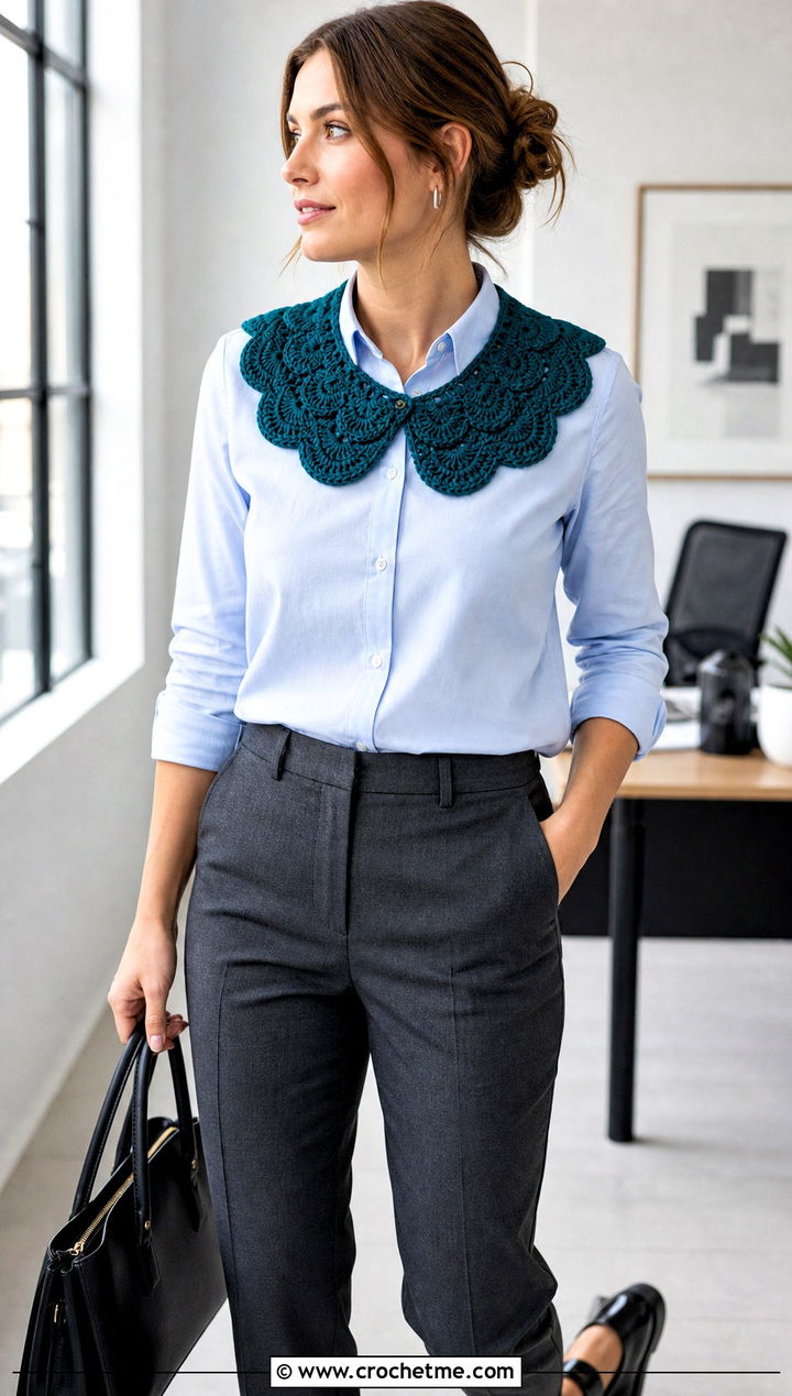Scalloped Crochet Collar With Button Down Shirt - 15 beginner crochet collar outfit ideas
