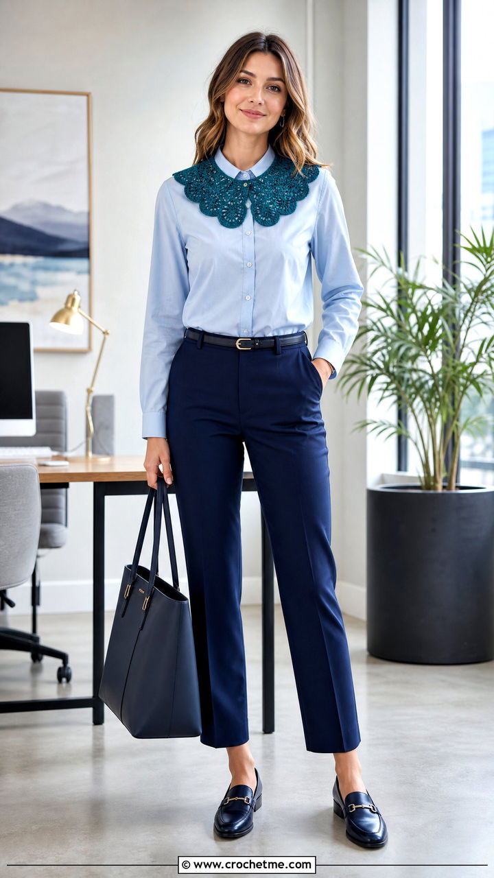 Scalloped Crochet Collar With Button Down Shirt And Trousers - 35 crochet collar outfit ideas