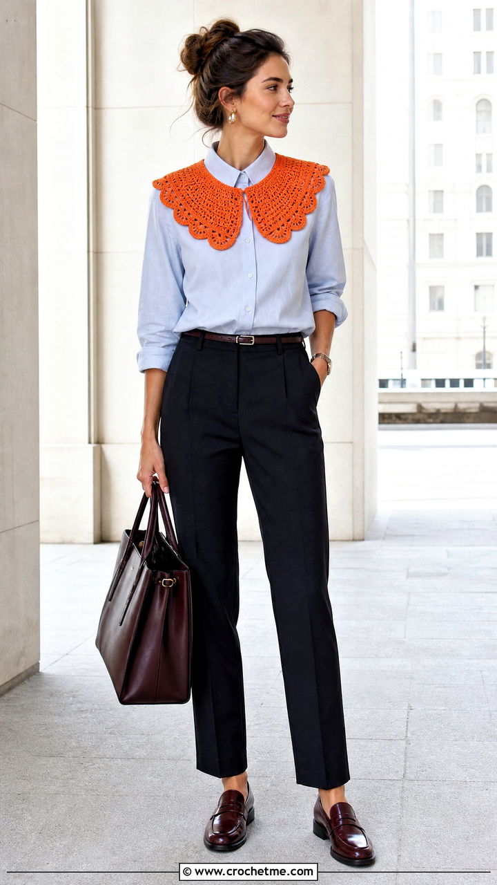 Scalloped Crochet Collar With Button Down Shirt - 35 crochet collars outfit ideas