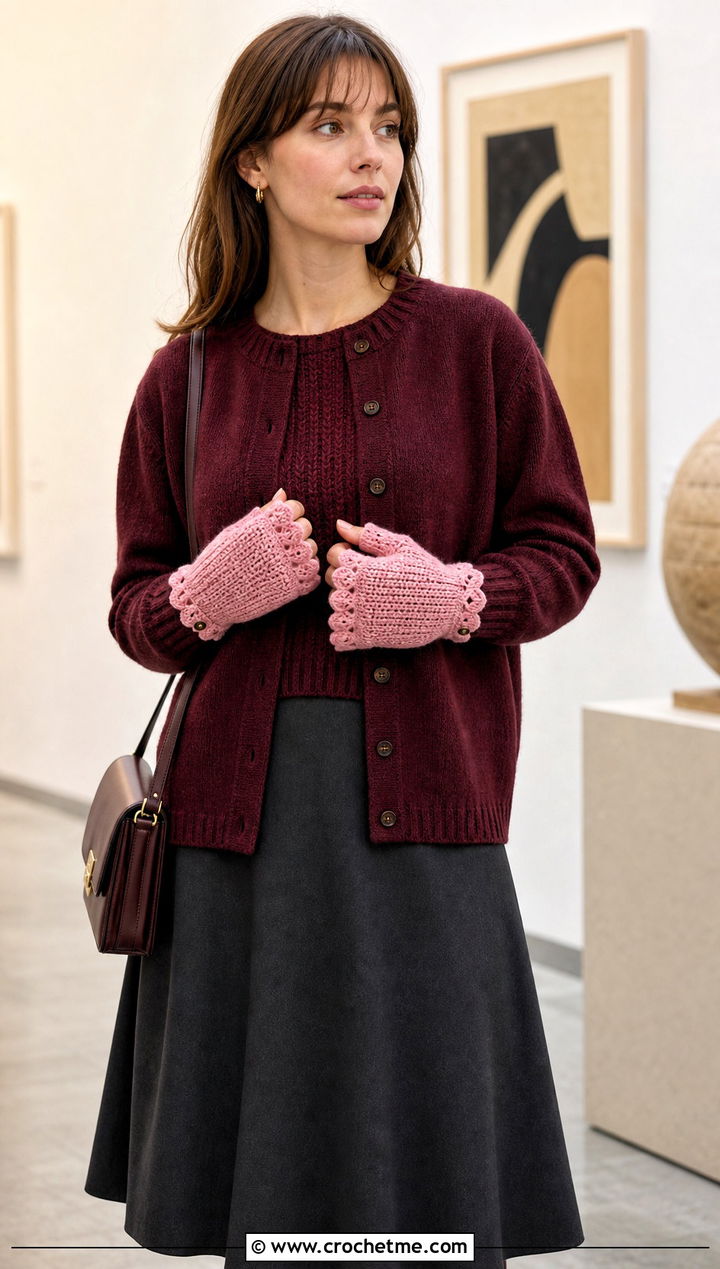 Scalloped Crochet Convertible Mittens With Cardigan Set - 25 Crochet Convertible Mittens outfit ideas