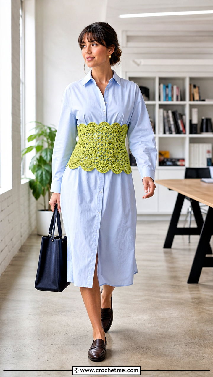 Scalloped Crochet Corset With A Poplin Shirt Dress - 25 easy crochet corset outfit ideas