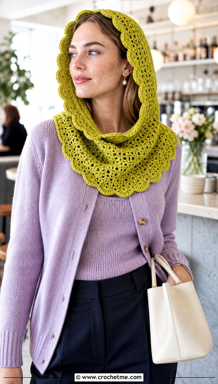 Scalloped Crochet Cowl Hood With Cardigan Set - 25 crochet cowl hood outfit ideas