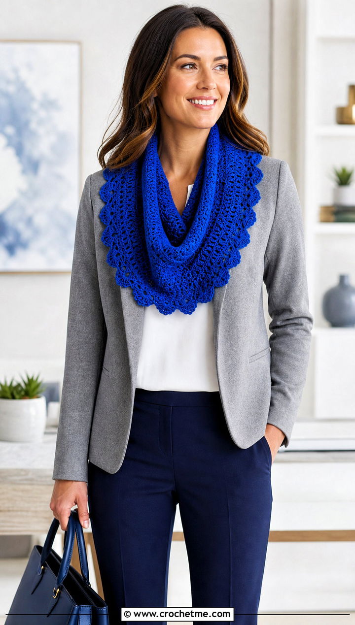 Scalloped Crochet Cowl With Collarless Jacket And Ankle Pants - 35 crochet neck warmer cowls outfit ideas