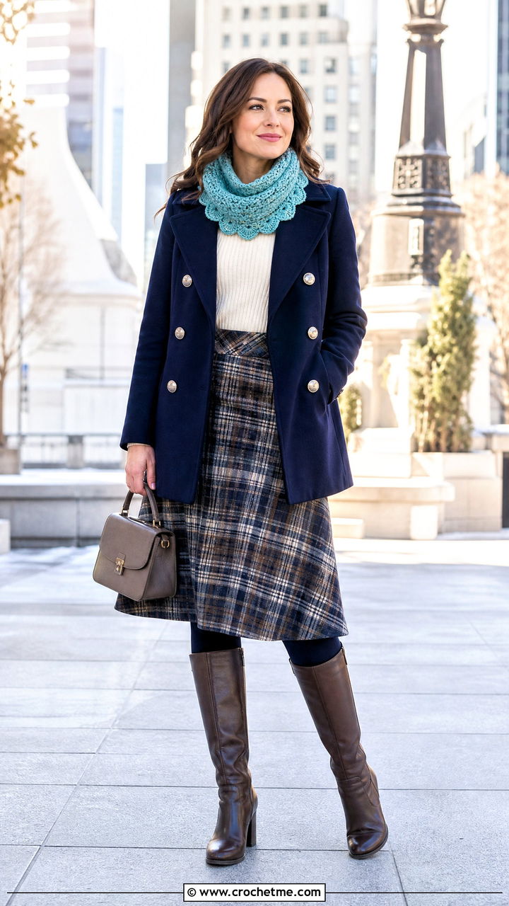 Scalloped Crochet Cowl With Peacoat - 35 crochet cowls outfit ideas