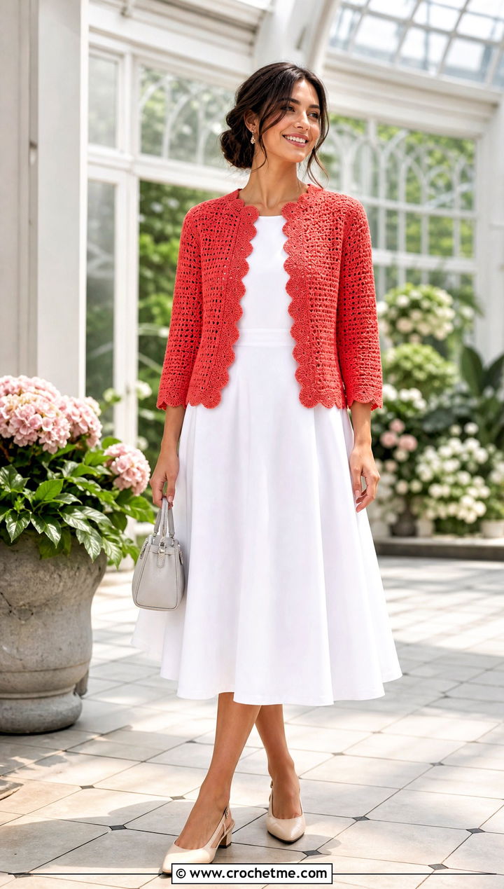 Scalloped Crochet Crew Neck Cardigan With A Line Dress - 20 crochet crew neck cardigan outfit ideas
