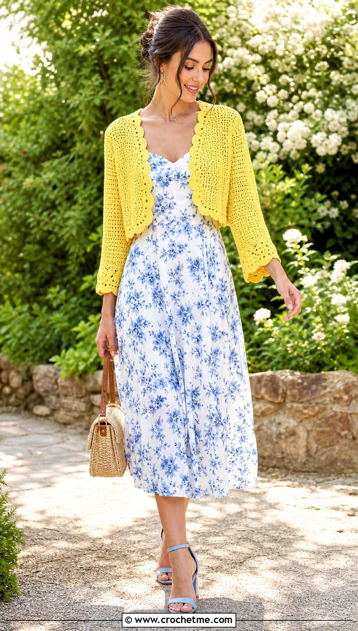 Scalloped Crochet Crop Shrug With Floral Midi Dress - 25 Crochet Crop Shrug outfit ideas